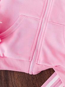 Conjunto Esportivo Casual Rosa com Moletom com Capuz e Decor de Laço 3D e Calça, 2 Peças, Adequado para Uso Ao Ar Livre, Lazer Esportivo, Uso Diário - Rosa chiclete - Visão 5