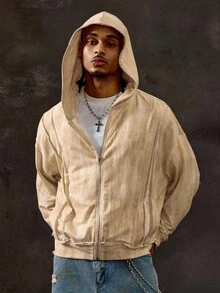 ROMWE MEN Grunge Punk Men's Autumn Drop Shoulder Zip Front Drawstring Zip Up Hoodie Sweatshirt - Bronze - View 8