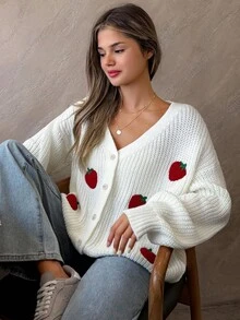 EURMUSE 象牙色粗针织开衫，饰有红色草莓刺绣和纽扣 - 杏色 - 查看 5