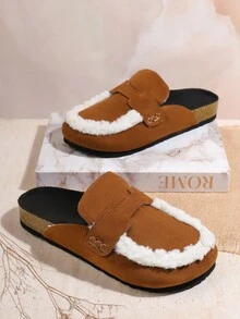 Women's Brown & White Furry Edge Wedge Slippers - Camel - View 4