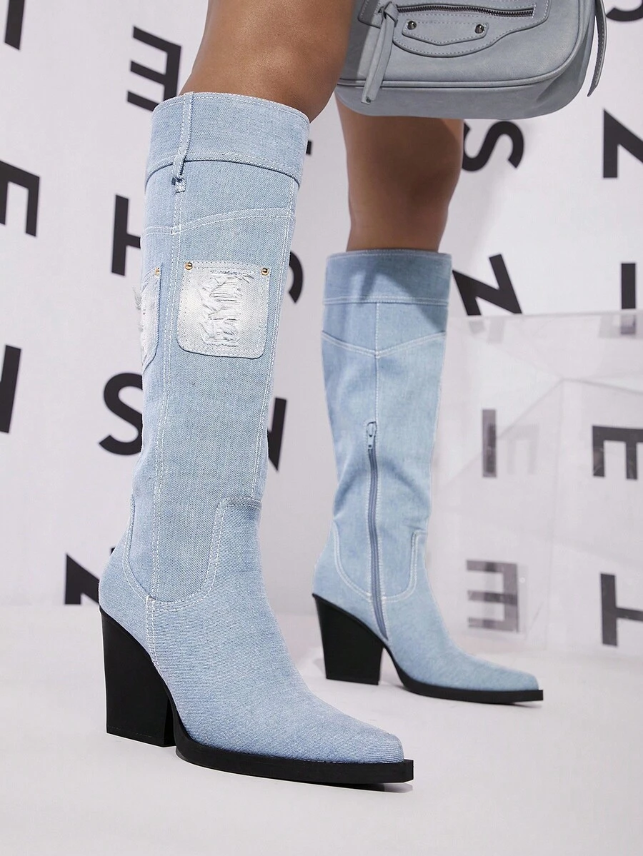 SHUZIA Ripped Patched Block Heel Boots - Blue - View 1