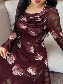 Modelyn Women's Floral Print Ruffle Flare Sleeve Elegant Dress - Burgundy - View 3