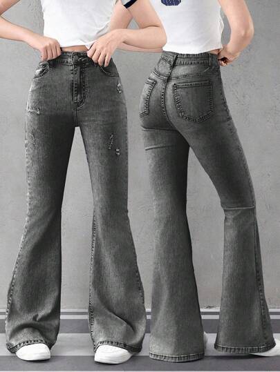 Sparklyn 少女休闲时尚百搭水洗浅蓝色喇叭牛仔裤