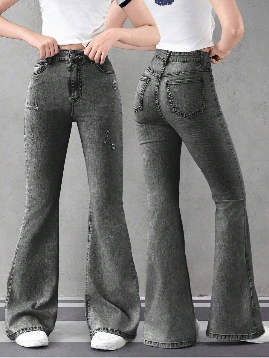 Sparklyn 少女休闲时尚百搭水洗浅蓝色喇叭牛仔裤 - 深灰色 - 查看 1