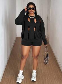Maweii Plus Size Casual Solid Color Hollow Knit Sweater And Shorts Set Fall Winter Cloth For Women Autumn - Black - View 4