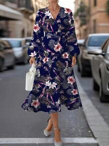 SHEIN Clasi Váy họa tiết hoa xanh, phong cách đồng quê lãng mạn, phù hợp cho mùa thu - Nhiều màu - Xem 1