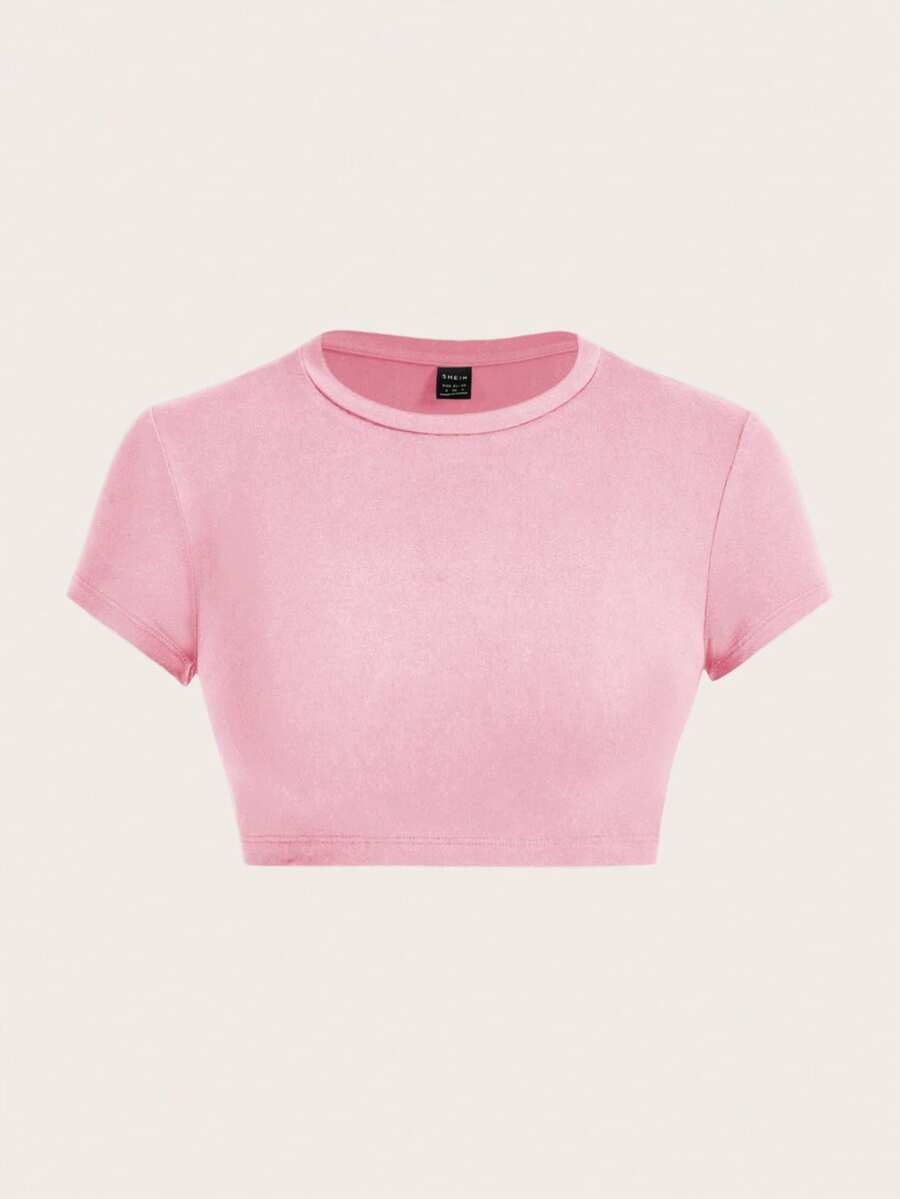 SHEIN ICON Áo thun nữ dáng ôm cổ tròn tay ngắn màu trơn đơn giản, phù hợp cho mùa hè - Màu Hồng baby - Xem 1