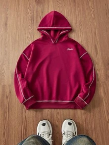 Manfinity VCAY 男士休闲轻便长袖刺绣套头连帽运动衫，春秋季 - 紅色 - 查看 2