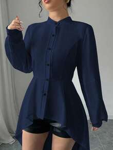 Elenzga Short Front And Long Back Stand-Up Collar Open Placket A-Line Lotus Leaf Puff Sleeves Long Sleeves Long Shirt