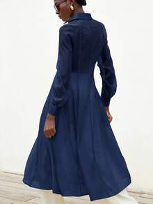 Aveloria Modichic فستان قميص ماكسي أنيق وجذاب من قماش شفاف مزخرف، بياقة على شكل حرف V وأكمام منتفخة طويلة، خصر مربوط، تصميم مطوي معقد للنساء