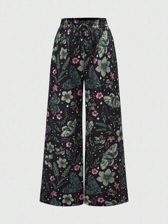 Fairycore Pantalones con estampado de mariposas y flores todo sobre para mujer de talla grande