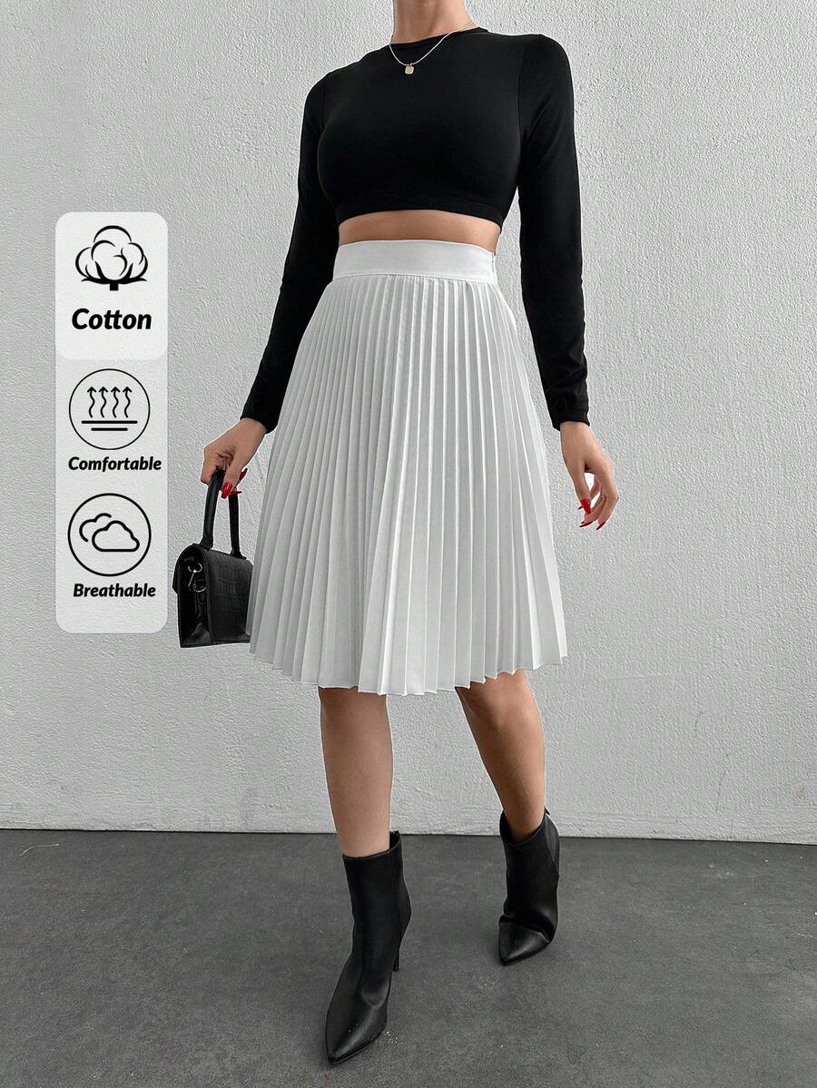 EURMUSE Women's Solid Color Pleated Casual Summer Skirt - White - View 1