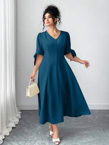 Elenzga 大码女式纯色短袖V领蝴蝶结优雅连衣裙 - 墨綠色 - 查看 5