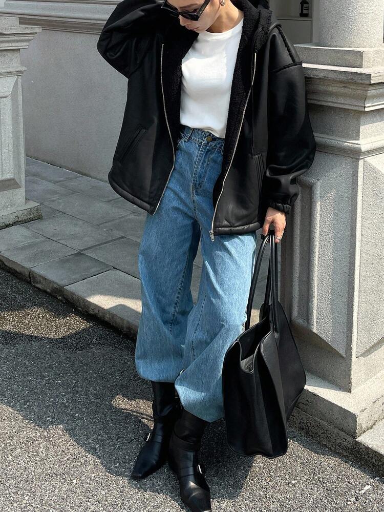 Women's Oversized Faux Shearling Patchwork PU Leather Hooded Casual Street Jacket Women Coats