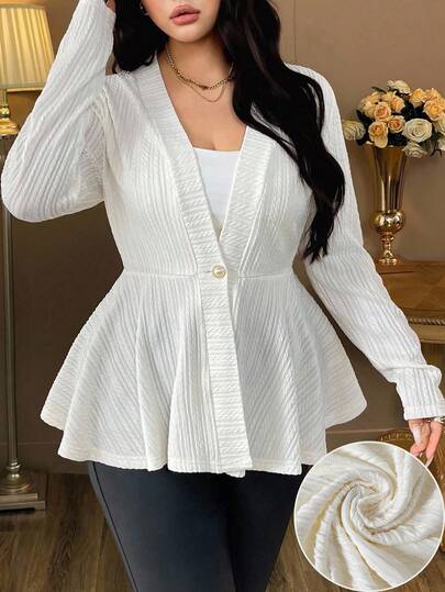 Auvina 大码女式纯色针织纹理提花V领长袖荷叶边奢华优雅修身西装外套