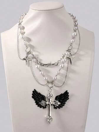 Goth Collar de perlas con colgante de cruz de estilo oscuro y creativo tipo choker