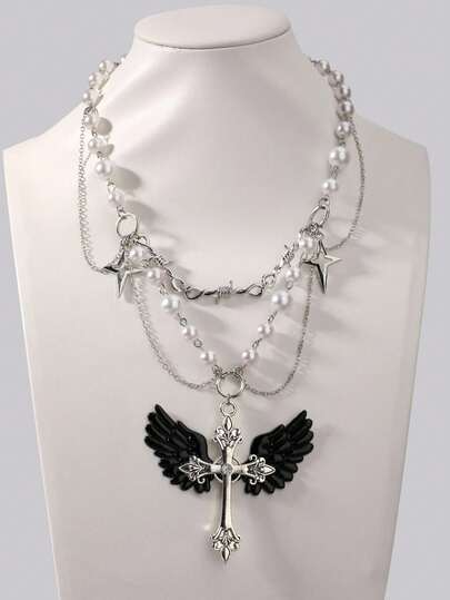Goth Pearl Necklace With Creative Edgy Dark Style Cross Pendant Choker