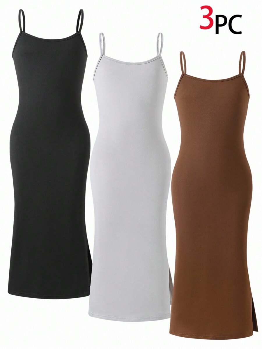 3 pièces/Paquet Robe sans manches minimaliste et décontractée de couleur unie pour jeunes filles