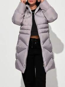 EURMUSE Women Solid Color Zipper And Pocket Detailed Winter Coats - Grey - View 4