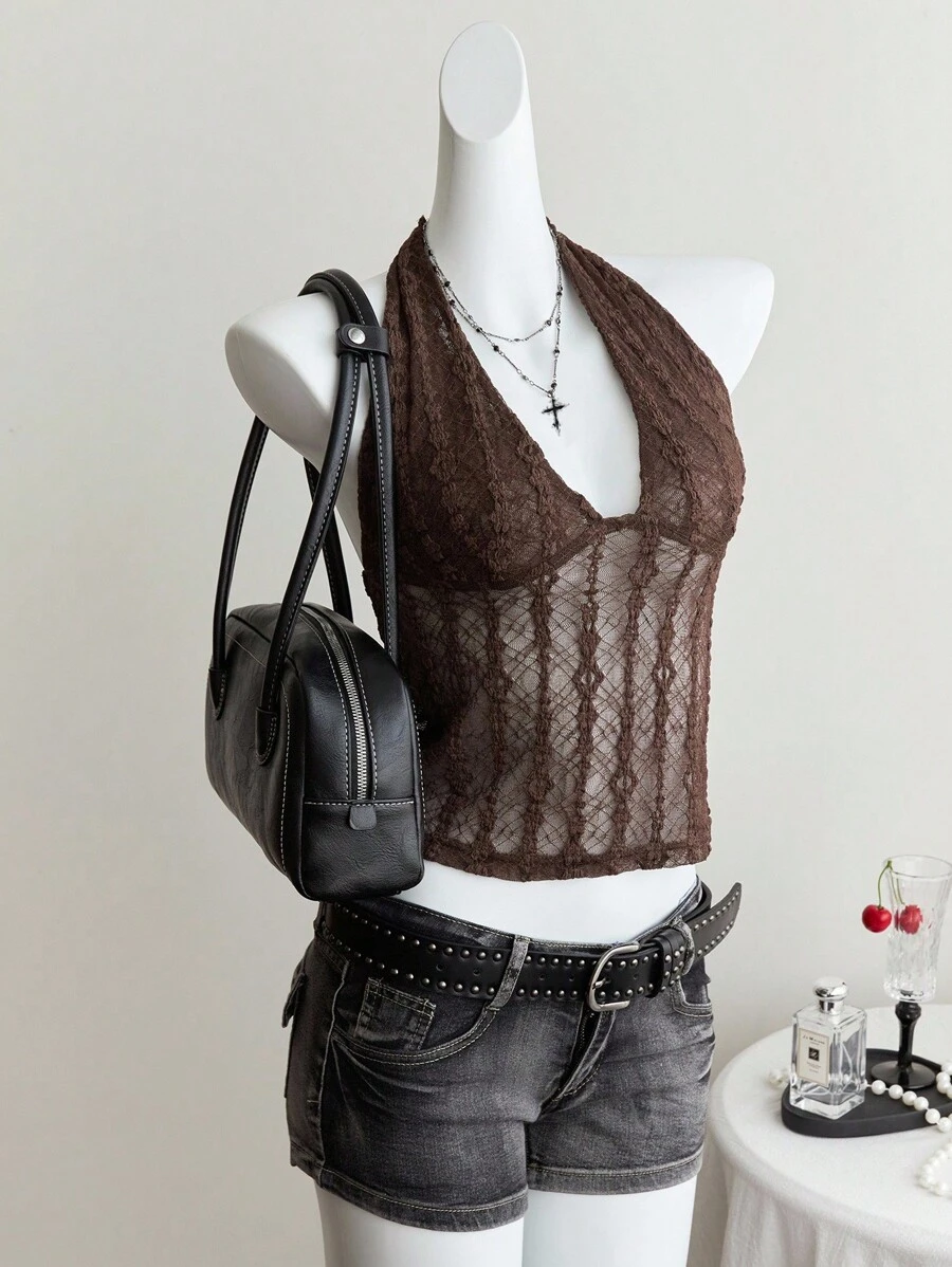SHEIN Unity Women's Casual Sexy Fitted Tie-Up Backless Crop Top, Summer - Brown - View 1