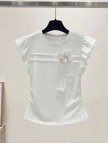 Franclia Pleated 3D Flower Cutout Short Cap Sleeve Casual Cute Vacation Style Women T-Shirt, Spring/Summer - White - View 3