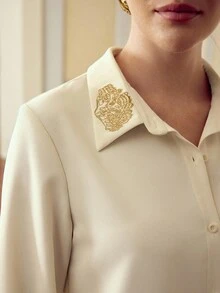 ZEYLAH Women's Autumn Embroidery Design Long Sleeve Single-Breasted Elegant Shirt Fall Cloth For Women - Apricot - View 2