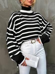 EURMUSE Black & White Striped Casual Loose Pullover Sweater, Suitable For Commuting - Black - View 5