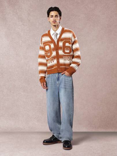 SUMWON كارديجان أزرار أمامية بأكمام طويلة وياقة، بتصميم شريطي رقمي فينتاج، لارتداء في الخريف والشتاء، بطراز كاجوال كلاسيكي من الأكريليك المحبوك