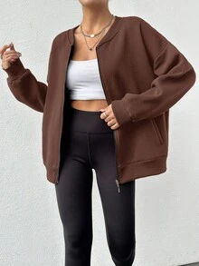 RueChic Cotton Drop Shoulder Zip Up Sweatshirt - Brown - View 3