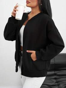 EURMUSE Plus Size Women Casual Zipper Up Plain Color Bomber Jacket For Outdoor, Autumn Bussines - Black - View 7