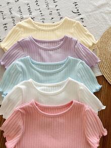 LMoss Kids 5pcs/Set Babygirl Summer Cute Ribbed Solid Color Ruffle Hem Short Sleeve Top, Buy 1 Get 4 Free Baby Girl Summer Tops Toddler Summer Tops Toddler Ruffle Sleeve Tops Baby Tops Ribbed Baby Tops - Multicolor - View 5