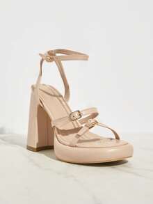 SHUZIA Dép quai ngang màu trơn thời trang dành cho nữ Dép cao gót Chunky - Màu be - Xem 3