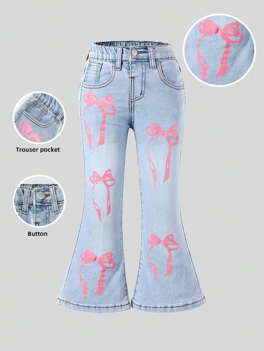 SHEIN 女童牛仔印花蝴蝶結裝飾修身喇叭褲(不含搭配單品) - 淺色水洗藍 - 查看 1