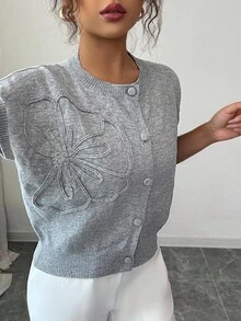 Lacomfia Women's Solid Color Front Button Floral 3D Knitted Cardigan Sweater - Grey - View 2