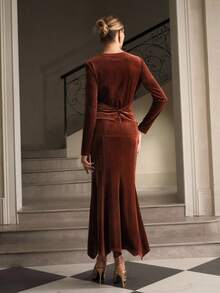 ZEYLAH Women's Solid Color Long Sleeve Twist Velvet Top And Midi Skirt Elegant 2-Piece Set, Autumn/Winter - Brown - View 3