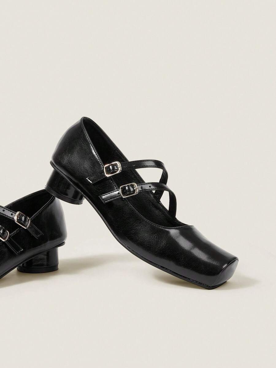 Muvela Giày cao gót mũi nhọn đính đinh tán màu đen cho nữ, giày cao gót đế trụ kiểu dáng chéo Mary Jane phong cách cổ điển - màu đen - Xem 1