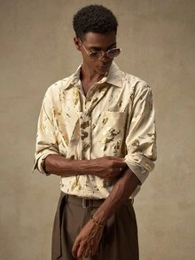 AKNOTIC Business Casual 男士杏色前开襟纽扣领休闲宽松箔面衬衫，Emo风格，适合秋季，长袖上衣 - 杏色 - 查看 5