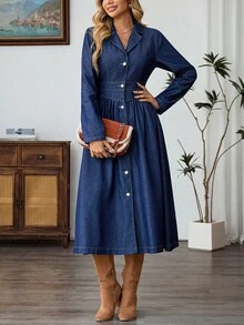 EMERY ROSE Women's Autumn Lapel NeckLong Sleeve Single-Breasted Casual Denim Shirt Dress Denim Midi Dress Long Sleeve Denim Dress Blue Jean Dress Women Button Down Denim Dress Casual Denim Dress Casual Midi Dress Denim Dress For Curve Woman - Dark Wash - View 5