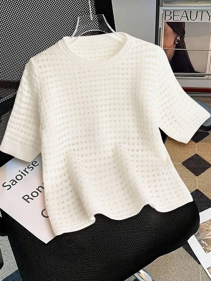 Franclia Áo len dệt kim ngắn tay cổ tròn sọc rỗng mới dành cho nữ (Thiết kế rỗng ngẫu nhiên) - trắng - Xem 1