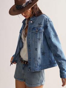 Bohemela Women's Minimalist Daily Wear Star Pattern Long Sleeve Denim Jacket Star Print Denim Jacket Women Star Denim Jacket Western Denim Jacket Women Women Jean Jacket Cowboy Jean Jacket Cowboy Jean Jacket Women