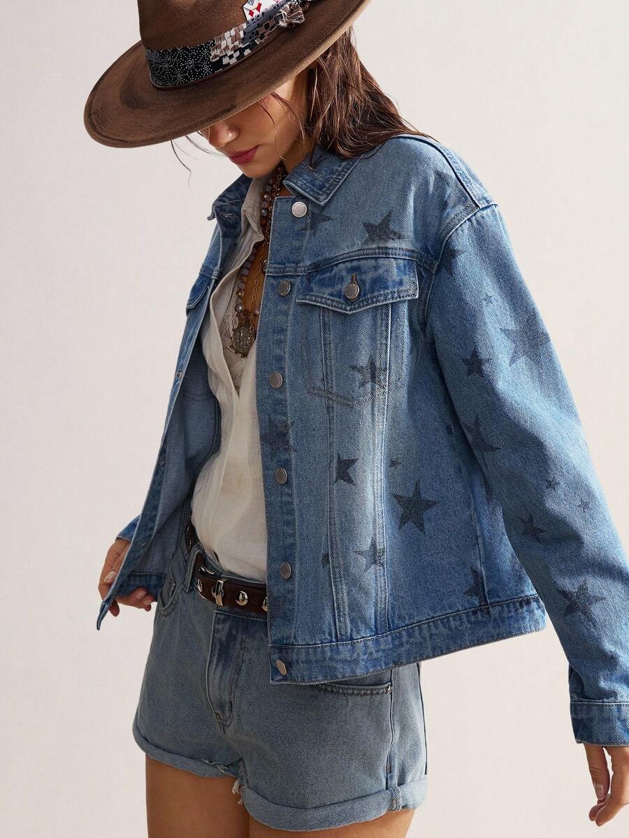 Bohemela Women's Minimalist Daily Wear Star Pattern Long Sleeve Denim Jacket Star Print Denim Jacket Women Star Denim Jacket Western Denim Jacket Women Women Jean Jacket Cowboy Jean Jacket Cowboy Jean Jacket Women