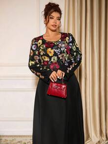 Allurite Große Größen Elegantes Partykleid für Damen mit 3D-Stickerei, Rundhalsausschnitt, Langarm, A-Linie, früher Herbst - Schwarz - Übersicht 4