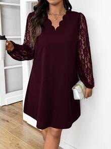 SHEIN Frenchy Váy lưới dài tay viền vỏ thời trang thường ngày cỡ lớn cho nữ - Màu Hoa hồng đỏ - Xem 6