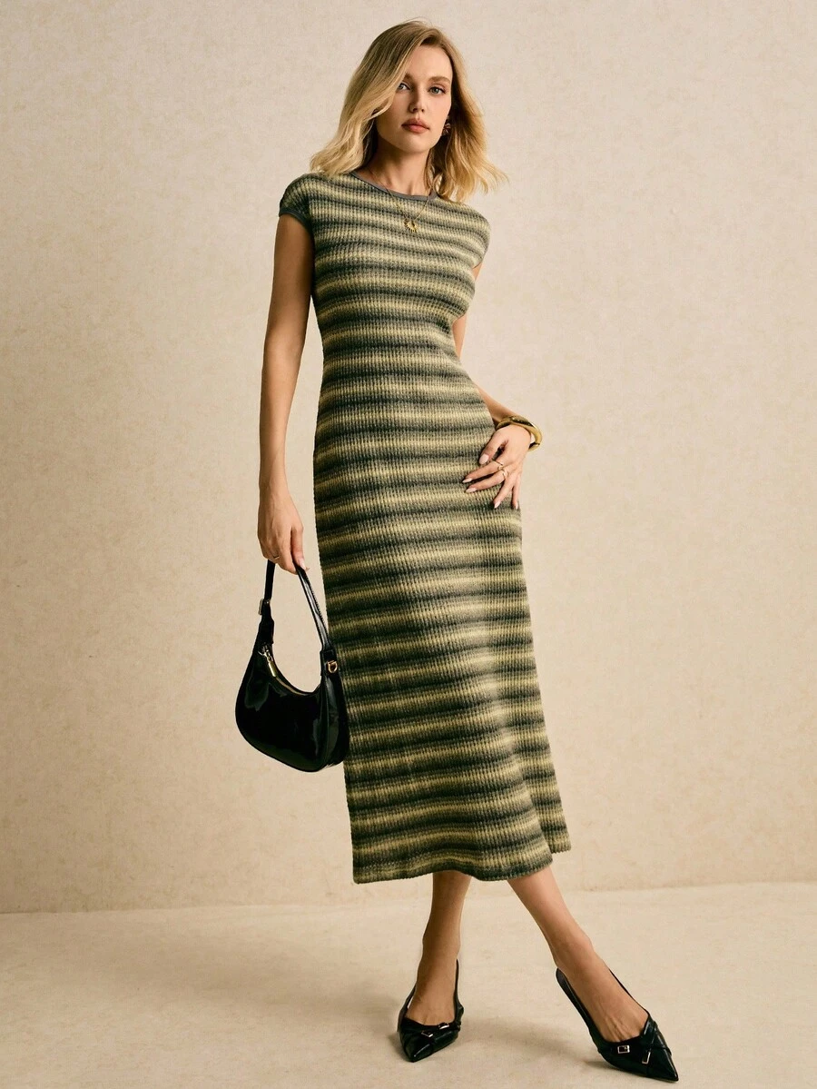 Poéselle Green Dress,Olive & Charcoal Ribbed Knit Bodycon Midi Dress With Cap Sleeves – Cozy Fall Striped Sweater Dress, Striped Knit Dress,Ribbed Sweater Dress,Olive Green Outfit,Fall Bodycon Dress,Minimalist Knitwear,Quiet Luxury Style, Cap Sleeve Midi Dress, Cozy Fall Fashion,Women's Striped Dolman Sleeve Round Neck Fitted Casual Mid-Length Dress,Ribbed Knit Dress Striped Knit Dress Fitted Knit Dress Knit Midi Dress Earth Tone Knit Dress - Multicolor - View 1