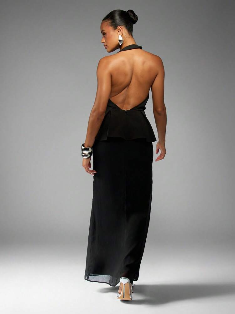 MISSGUIDED Elegant Peplum Halter Neck Maxi Dress Formal Evening Gown With Deep Plunge Neckline Backless Design Special Occasion Floor Length Peplum Waist Chiffon Hem