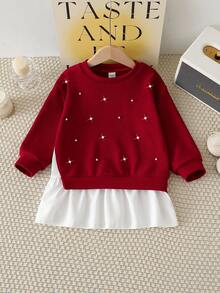 年轻女孩勃艮第圆领串珠长袖白色侧边下摆上衣，适合日常穿着、返校、优雅派对、圣诞节、春秋、秋冬 - 酒紅色 - 查看 7