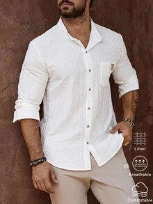 Manfinity Homme Camisa de manga larga con botones delanteros y bolsillo, unicolor casual para hombres, camisa de lino blanca para hombres en otoño