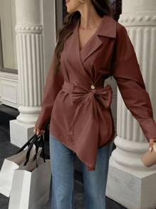 Avenya Áo sơ mi dài tay buộc chéo màu trơn dành cho nữ - Cà phê nâu - Xem 4
