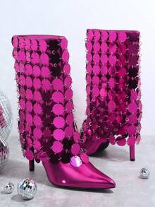 SHUZIA Metallic Faux Leather Knee High Boots - Red Violet - View 2