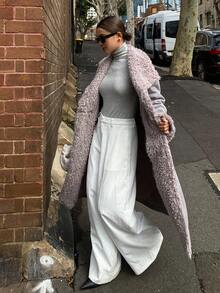 DAZY 拼布仿毛领宽松厚款长款女士大衣，秋冬 - 灰色 - 查看 8